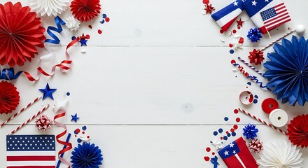 Obraz premium Patriotic Party Decorations on White Wood Background AI Generated