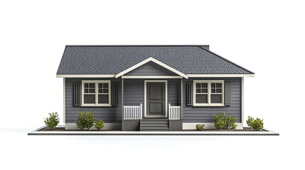 Compact gray ranch style house model with front steps