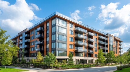 Obraz premium Elegant glass-balconied apartment building with minimalistic design under a perfect summer blue sky.