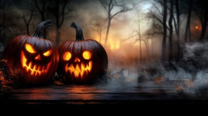 Two carved pumpkin jack o  lanterns lit up in a dark mysterious forest setting with fog smoke and a moody atmospheric glow at night
