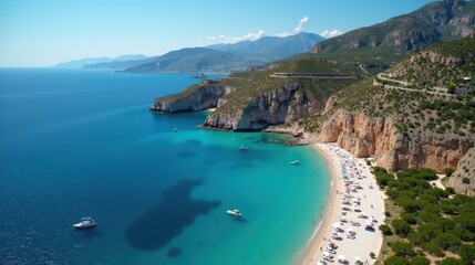 Photo of Falassarna in Greece at midday, with hot sunny summer weather, captured from above, highlighting the beach and the surrounding area.
