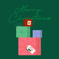 Chritstmas card with wrapped presents with colorful paper, ribbons, and bows