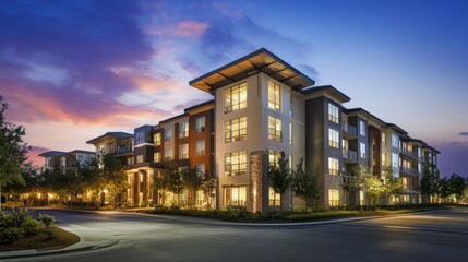 Obraz premium Multi-family apartment complex with chic glass details, large windows, and bold structure beneath a vibrant blue sky.