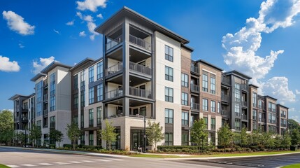 Multi-family apartment complex with chic glass details, large windows, and bold structure beneath a vibrant blue sky.