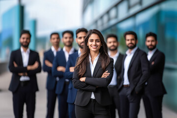 Fototapeta premium indian business people standing together front of modern building