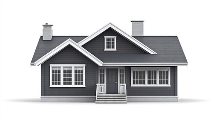 Compact gray ranch style house with front steps and chimneys