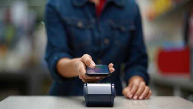Payment power growth concept. A person using a mobile device to make a contactless payment at a checkout counter.