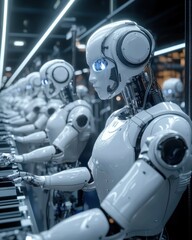 Fototapeta premium Rows of highly sophisticated metallic robots working diligently on a modern computerized assembly line in a state of the art manufacturing facility