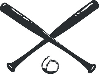 Crossed baseball bats with a ball in black and white silhouette design.