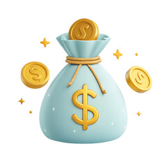 Dynamic 3D Illustration of a Light Blue Money Bag with Coins, Business Concept, Studio Environment, Close-Up View