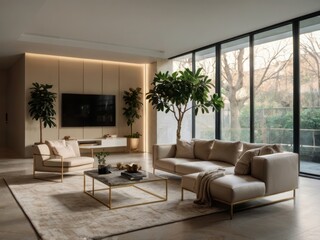 Fototapeta premium A modern living room space with contemporary furniture and decorations