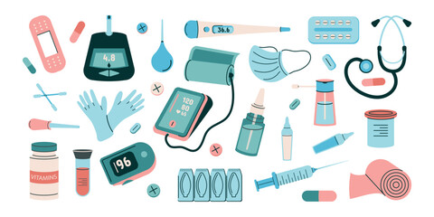 A set of medical and pharmacy supplies for first aid . A set of vector medical elements on a white background.