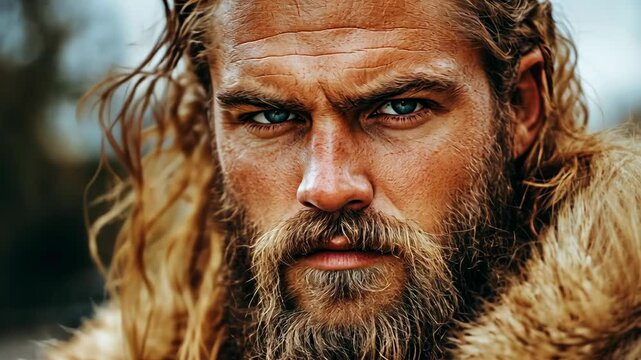 Close-up portrait of rugged man with intense gaze and long hair wearing animal fur, conveying strength, outdoorsy lifestyle, and distinctive character