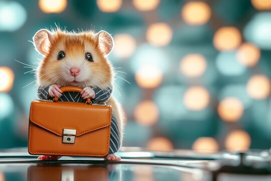 A hamster holding a briefcase sitting on top of a table - Powered by Adobe