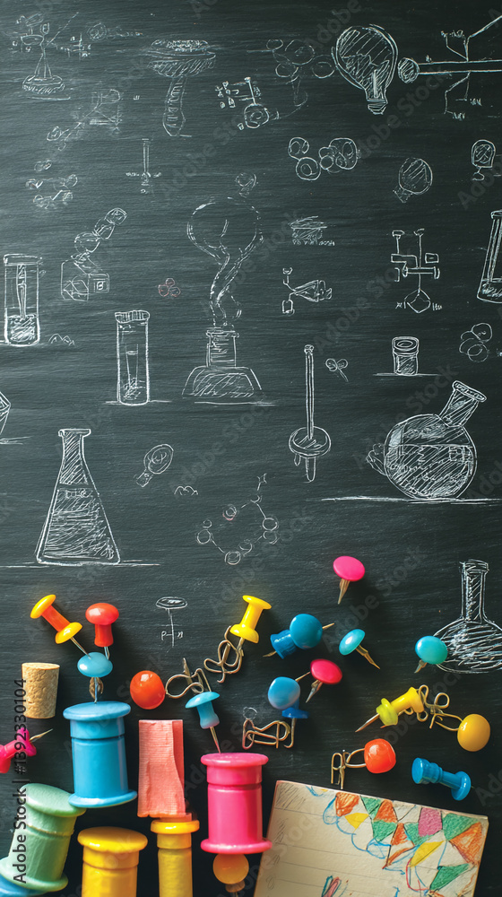 Poster dark chalkboard background with science-themed drawings and colorful pushpins, thumbtacks, and paper