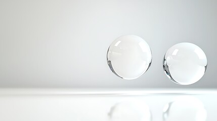 Two clear glass orbs float slightly above a reflective surface, with a bright white background