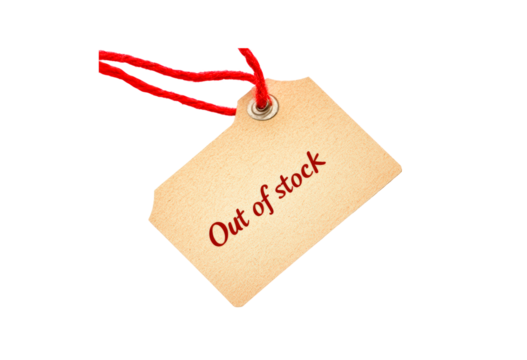 A tan tag marked out of stock isolated on transparent background