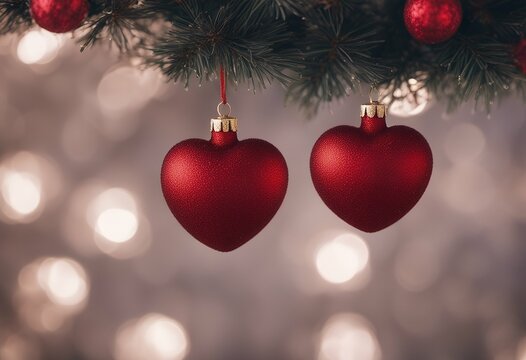 christmas bokeh winter tree ornaments heart ball holiday theme glitter xmas background red greeting decorative celebration design card decor congratulation 2017 festive blur eve blurred banner