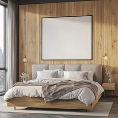 Modern bedroom with large framed artwork