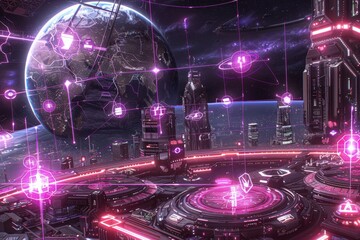 Obraz premium Futuristic cityscape with cosmic elements and intricate designs.