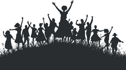 Silhouette of a joyful group jumping and celebrating on a grassy hilltop in nature.