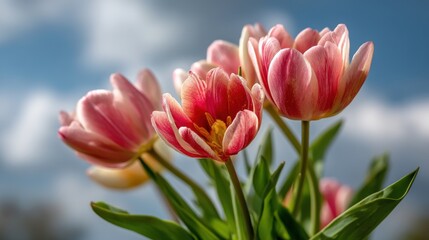 Naklejka premium Pink tulips against a cloudy blue sky, ideal for spring themes