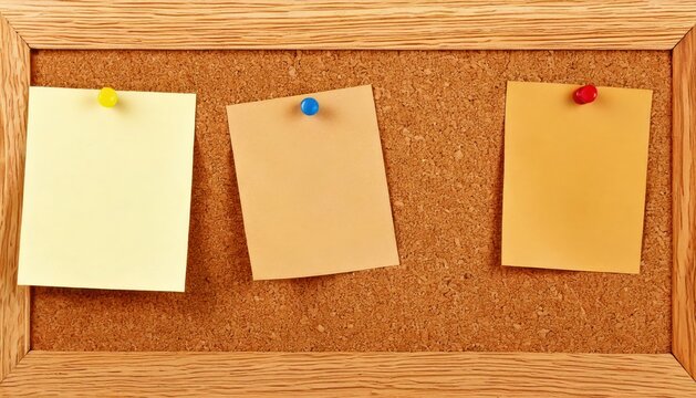 Note Arrangement: A simple yet compelling close-up showcases the arrangement of three vibrant sticky notes, each pinned meticulously to a textured corkboard, ready to capture thoughts.