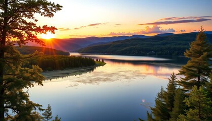 Early summer sunrise over Minsi Lake, Lehigh Valley, Pennsylvania's Pocono foothills, green, trees