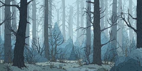 Naklejka premium Spooky dark forest, eerie woodland trees, mysterious night-time woods, moody atmosphere illustration background