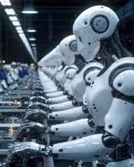 Fototapeta premium A row of advanced robotic arms and working together on an automated assembly line in a high tech industrial factory setting