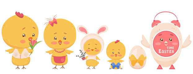 Family of funny isolated characters of different genders and ages. Easter chicks, egg, hen, rooster, bunny ears, willow branches, alarm clock. Favorite bird characters. Festive decor