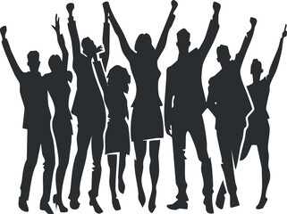 Silhouette of a group of people celebrating success with raised arms in excitement.