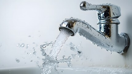 Stream of pure water pours from a steel faucet with splashing droplets and mist, capturing freshness and fluid movement perfectly.