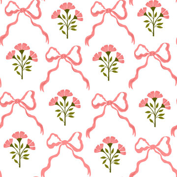 Coquette trellis floral seamless pattern with bows and ribbons. Preppy floral bouquet background. Vector botanical elegant trendy print. Vintage design for fabric, wallpaper or wrapping paper. 