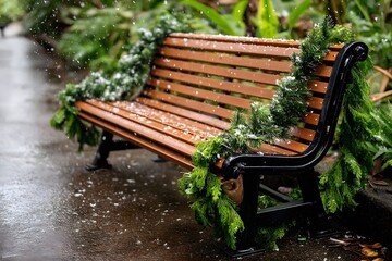 Snow Covered Park Bench with Christmas Decorations