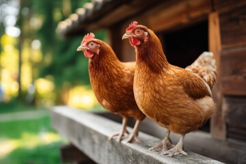 Two brown hens on wooden plank by coop in green field