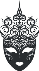 Black and white ornate masquerade mask illustration with intricate floral and filigree patterns.