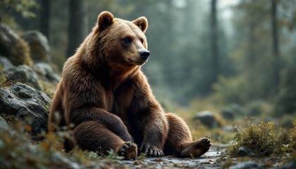 Fototapeta premium Brown Bear Sitting Relaxed in Forest Glade with Soft Lighting