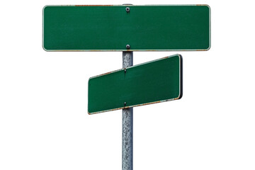 Two blank green street signs are mounted on a metal pole against a transparent background.