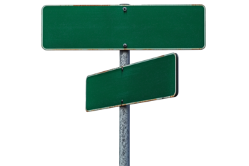 Two blank green street signs are mounted on a metal pole against a transparent background.