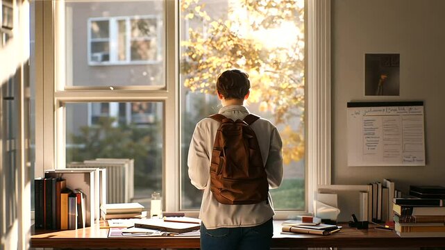 Student packing a bag for practicum day in a calm dorm room