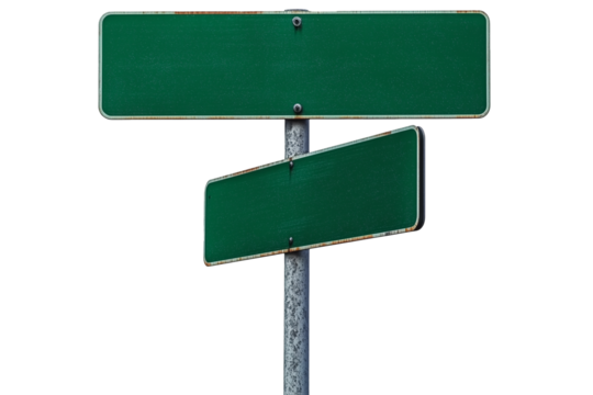 Two blank green street signs are mounted on a metal pole against a transparent background.