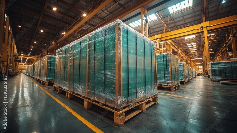 Poster a large industrial warehouse filled with neatly stacked pallets of processed glass sheets ready for 