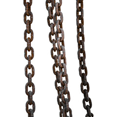A close-up view of rusty metal chains hanging down, showcasing their texture and condition.