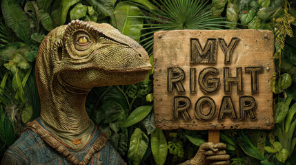 dinosaur headed figure holds sign that reads MY RIGHT TO ROAR amidst lush green foliage, conveying strong message