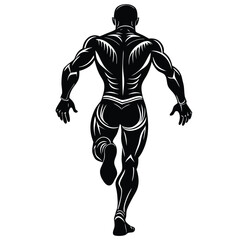 Muscular human anatomy illustration showing a silhouette of a man running and jumping in a fitness pose.