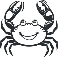 Black and white cartoon illustration of a smiling crab with large claws.