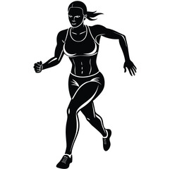 A muscular athlete girl in a bikini shows a strong torso silhouette. A long-distance runner in a steady, balanced pose, captured mid-stride with a slight forward lean.