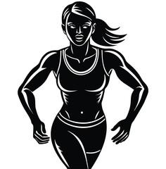 Fototapeta premium A muscular athlete girl in a bikini shows a strong torso silhouette. A long-distance runner in a steady, balanced pose, captured mid-stride with a slight forward lean.