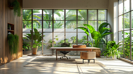 Sleek Eco-Friendly Office with Wooden Furniture and Minimalist Design